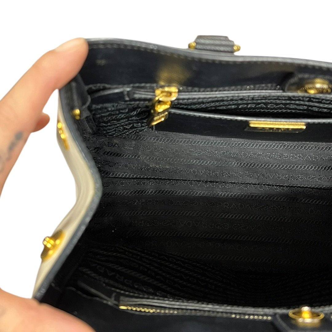 PRADA Saffiano Galleria Tote Handbag Black and Cream Gold Hardware PR214
