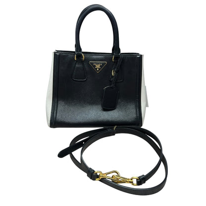 PRADA Saffiano Galleria Tote Handbag Black and Cream Gold Hardware PR214