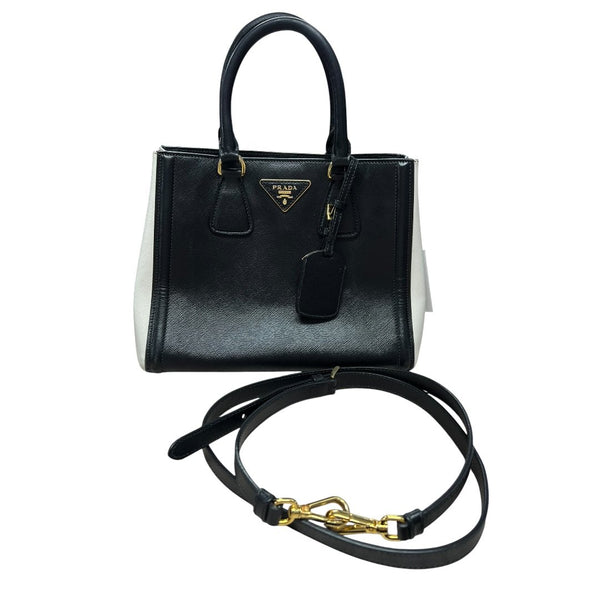 PRADA Saffiano Galleria Tote Handbag Black and Cream Gold Hardware PR214