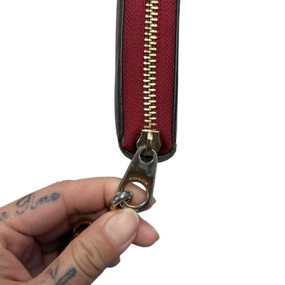 COACH Coated Canvas Signature C Zip Around Wallet with Wristlet Wallet Dark Brown, Red/Burgundy Gold-tone Hardware CO26