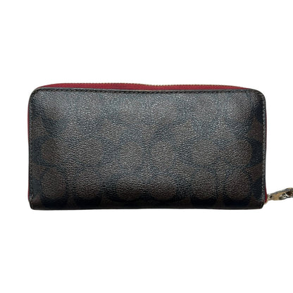 COACH Coated Canvas Signature C Zip Around Wallet with Wristlet Wallet Dark Brown, Red/Burgundy Gold-tone Hardware CO26