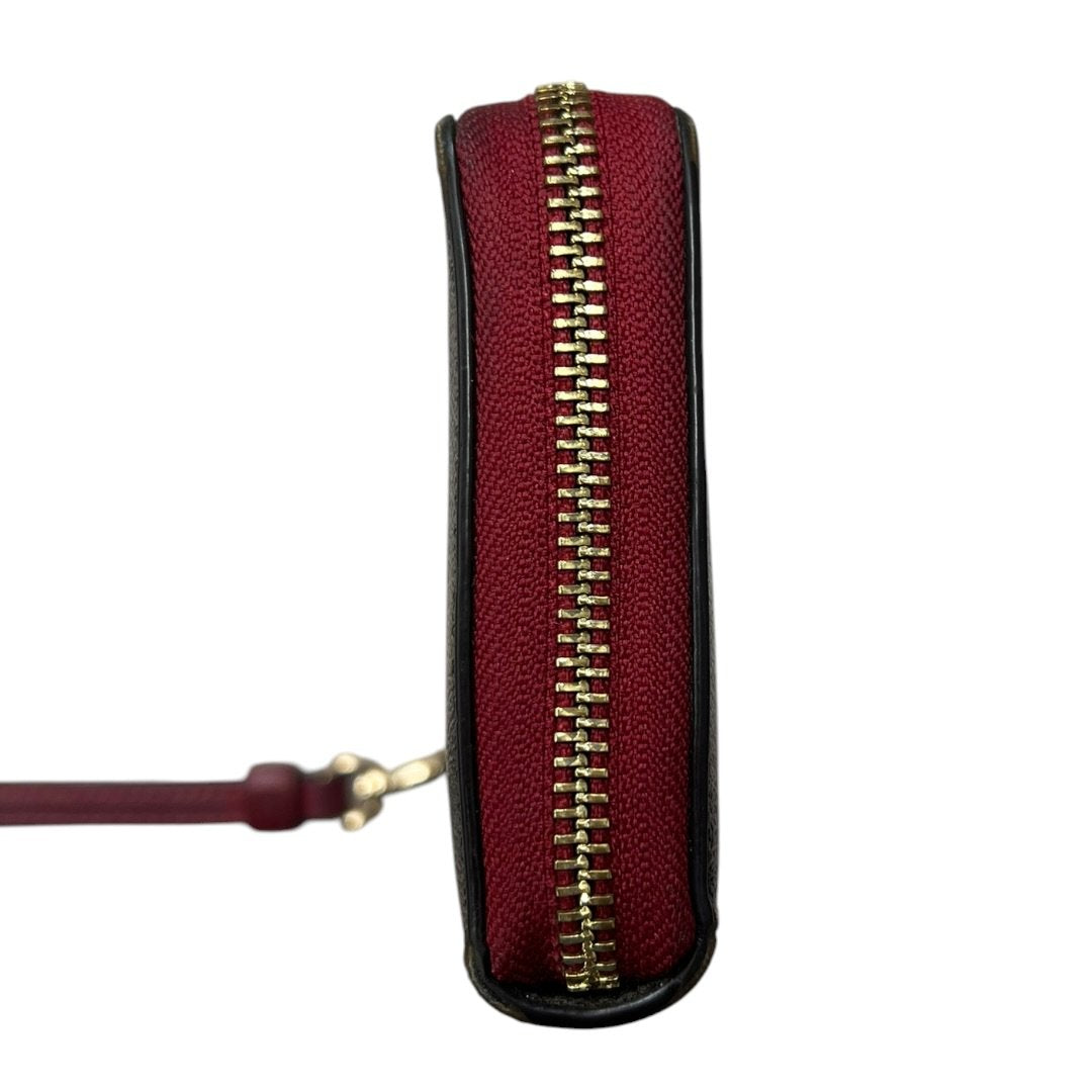 COACH Coated Canvas Signature C Zip Around Wallet with Wristlet Wallet Dark Brown, Red/Burgundy Gold-tone Hardware CO26