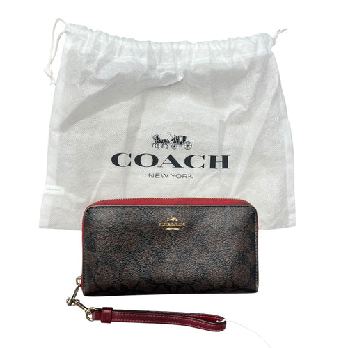 COACH Coated Canvas Signature C Zip Around Wallet with Wristlet Wallet Dark Brown, Red/Burgundy Gold-tone Hardware CO26