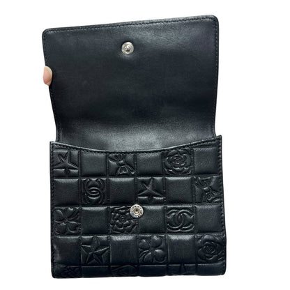 CHANEL Calfskin Timeless Icons Bi-fold Wallet Wallet Black Silver Hardware CH2189