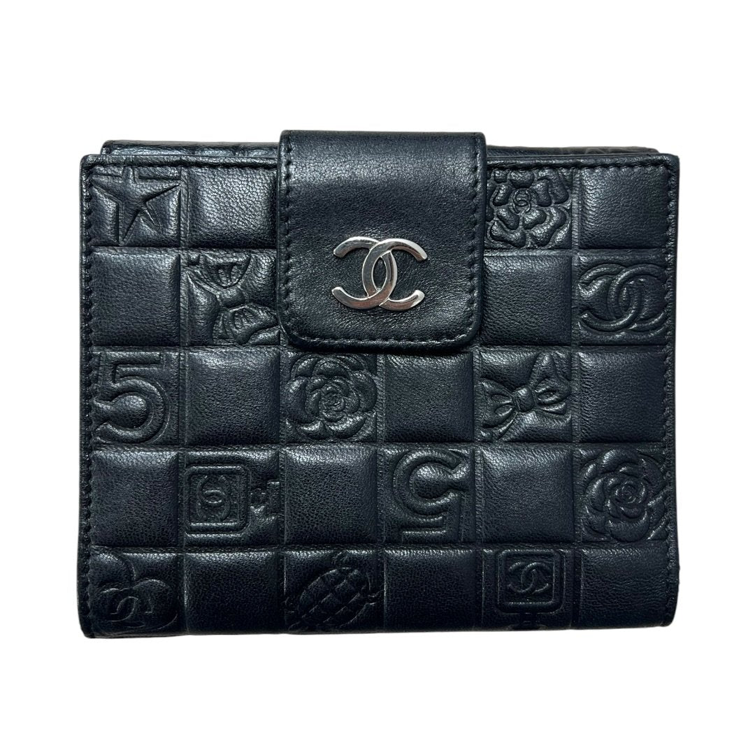CHANEL Calfskin Timeless Icons Bi-fold Wallet Wallet Black Silver Hardware CH2189