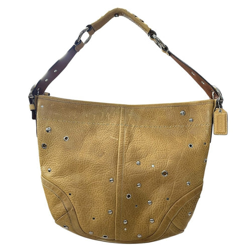 COACH Leather Studded Hobo Bag Shoulder Bag Tan Silver Hardware CO27