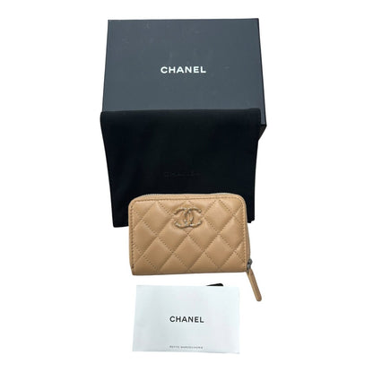 CHANEL Lambskin Zip Around Wallet Wallet Beige Silver Hardware CH2195