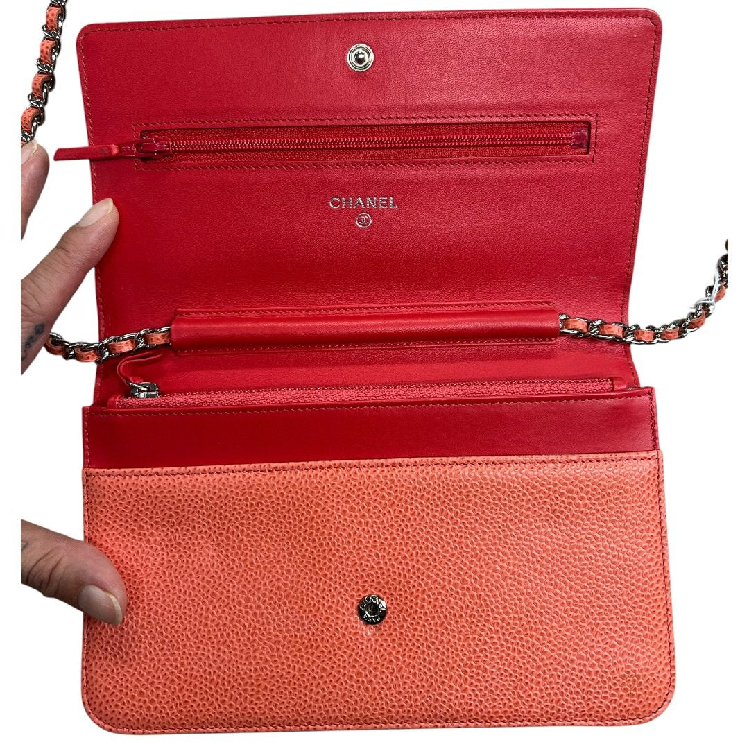 CHANEL Caviar Wallet On Chain Shoulder Bag Coral Silver Hardware CH2194