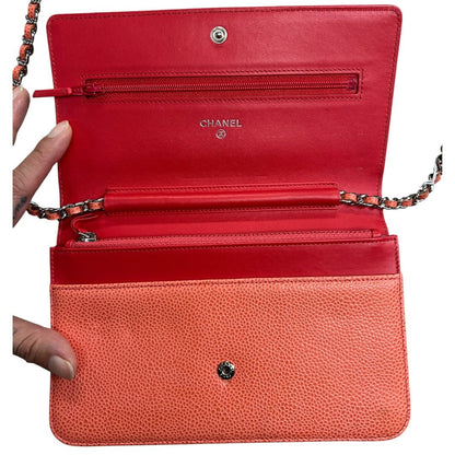 CHANEL Caviar Wallet On Chain Shoulder Bag Coral Silver Hardware CH2194