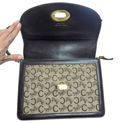 CELINE C Macadam Canvas C Macadam Horse Carriage Flap Bag Shoulder Bag Brown, Beige Gold Hardware CE271
