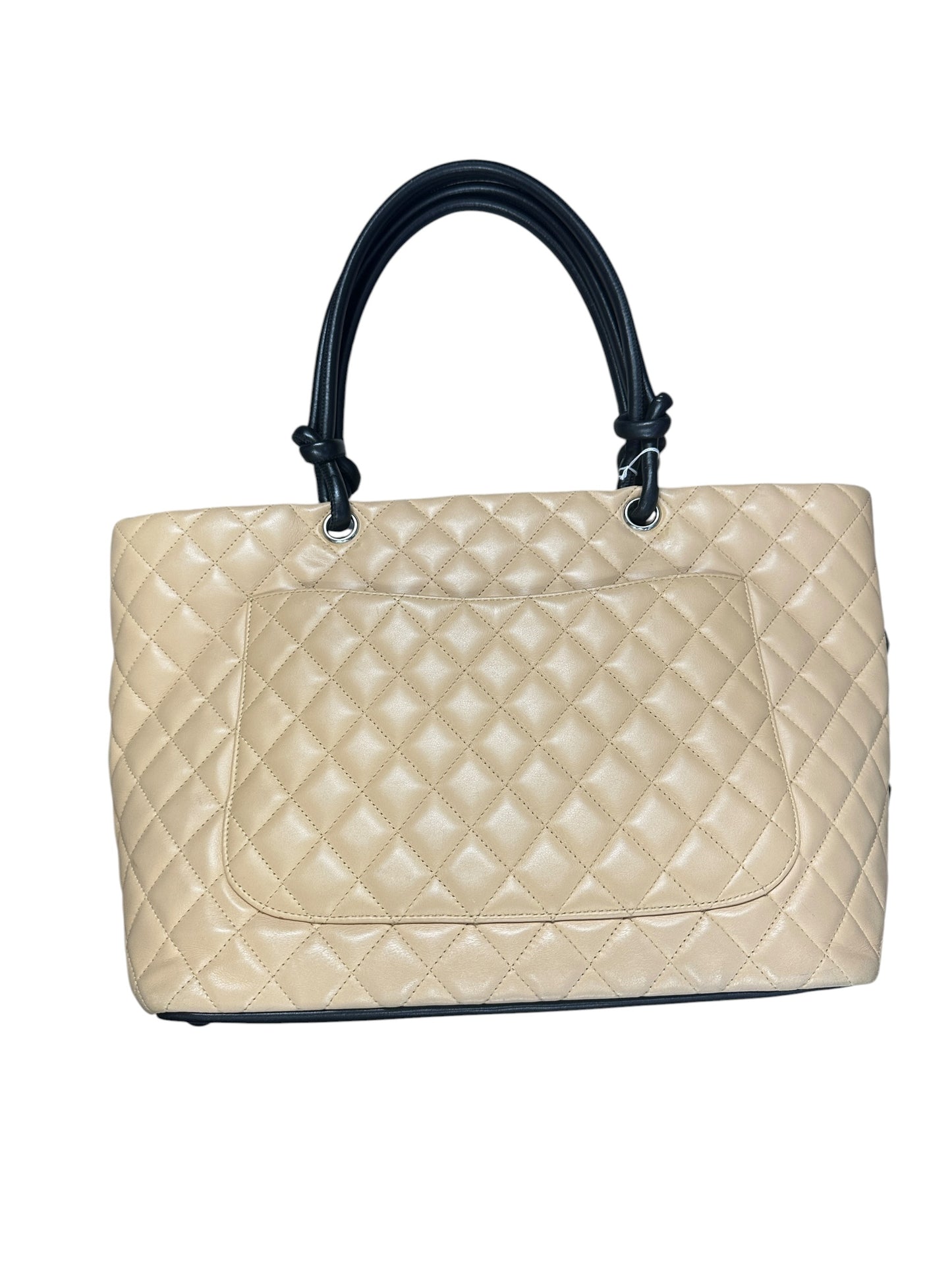 CHANEL Lambskin Cambon Line Large Tote Bag Beige Black Silver Hardware CH2202