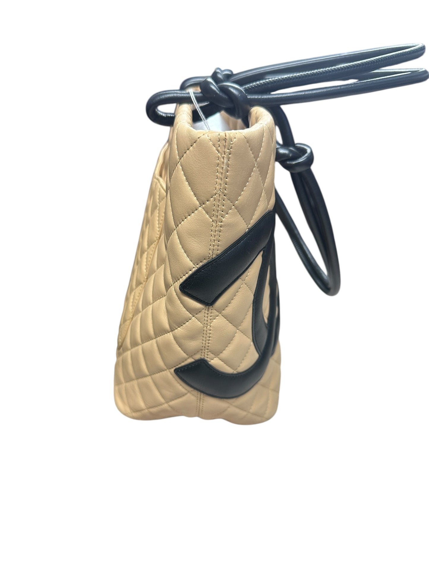 CHANEL Lambskin Cambon Line Large Tote Bag Beige Black Silver Hardware CH2202