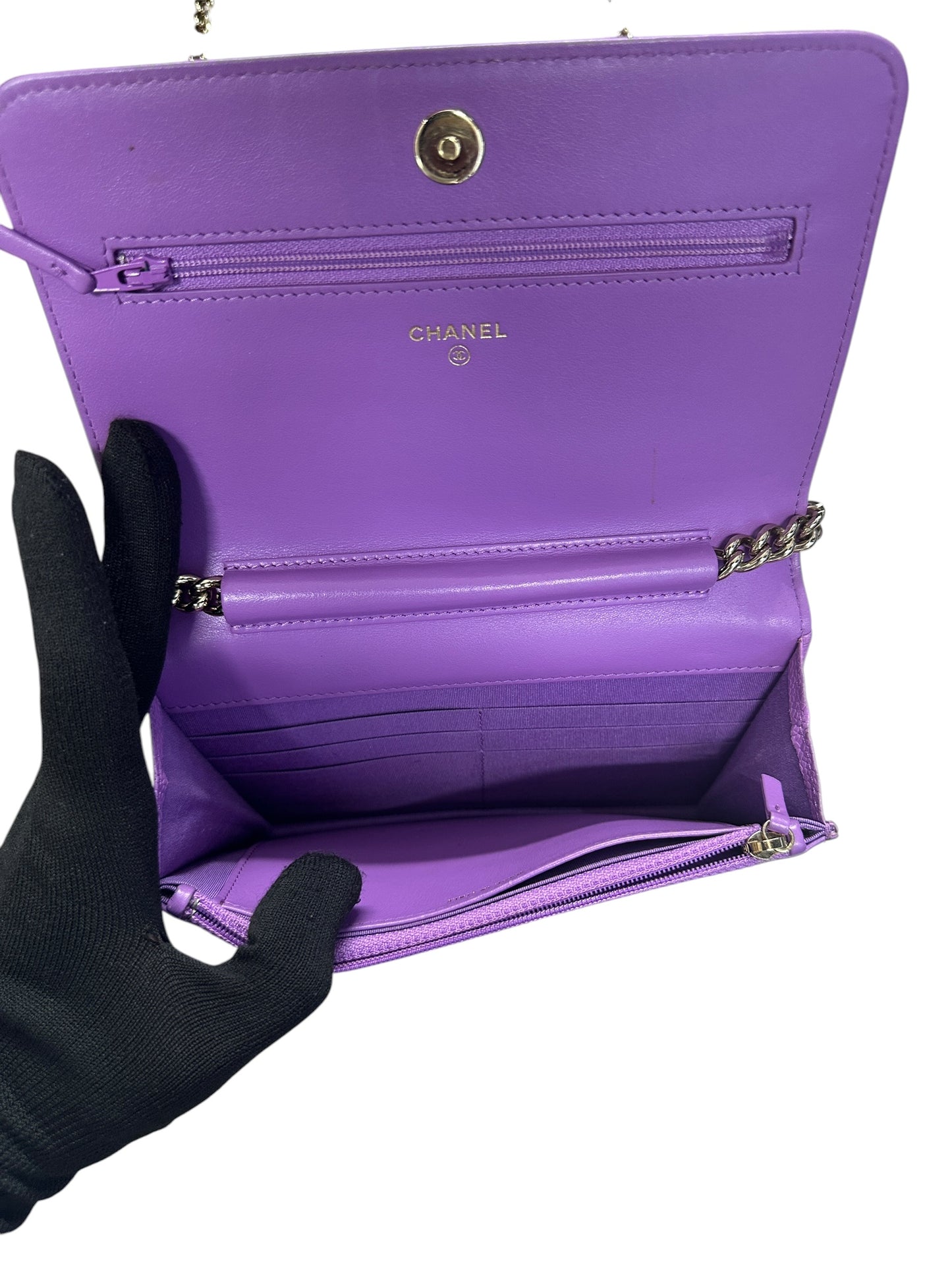 CHANEL Caviar Boy Wallet on Chain Bag Purple Gold Hardware CH2203