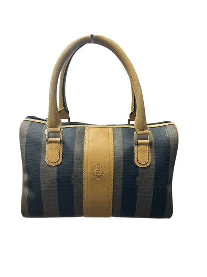 FENDI Pequin Stripe Mini Boston Handbag Brown Black Gold Hardware FE389