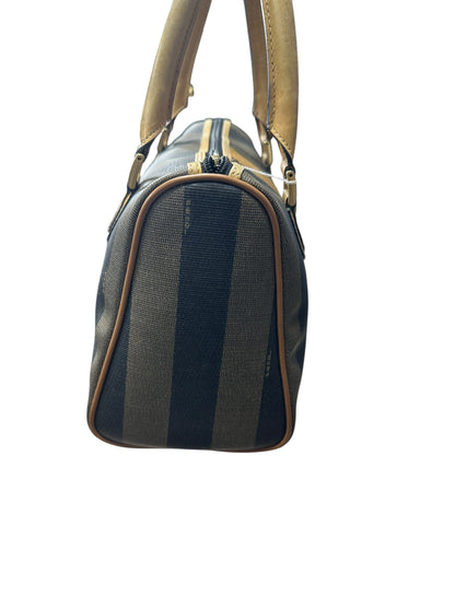 FENDI Pequin Stripe Mini Boston Handbag Brown Black Gold Hardware FE389