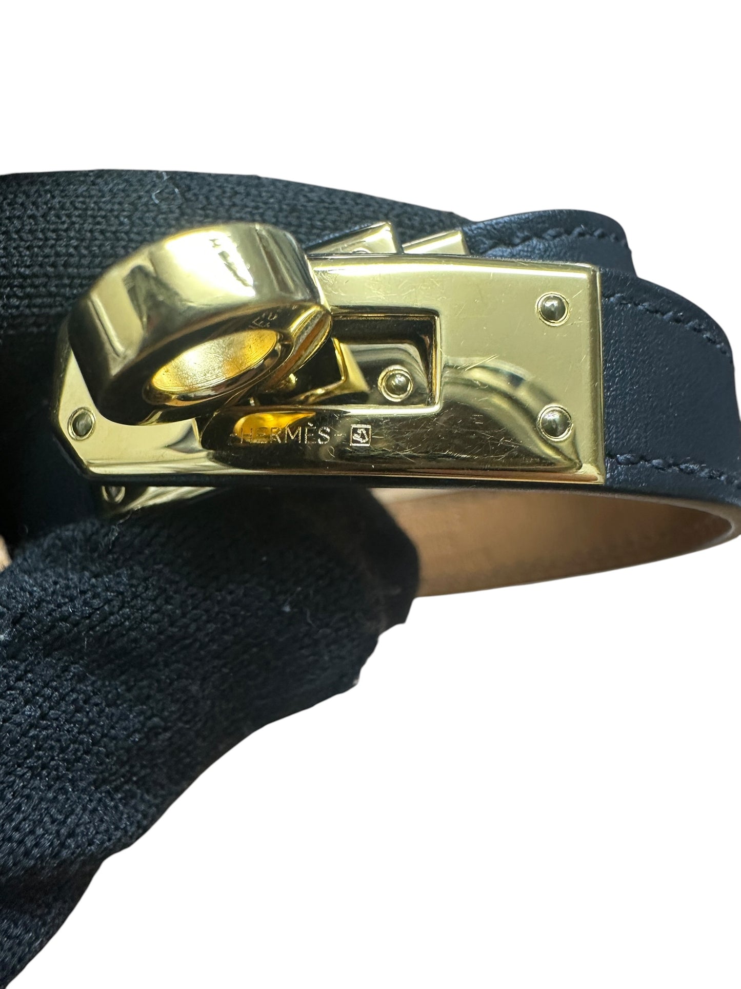 HERMES Box Calf Kelly Double Tour Bracelet Black Gold Hardware HE468