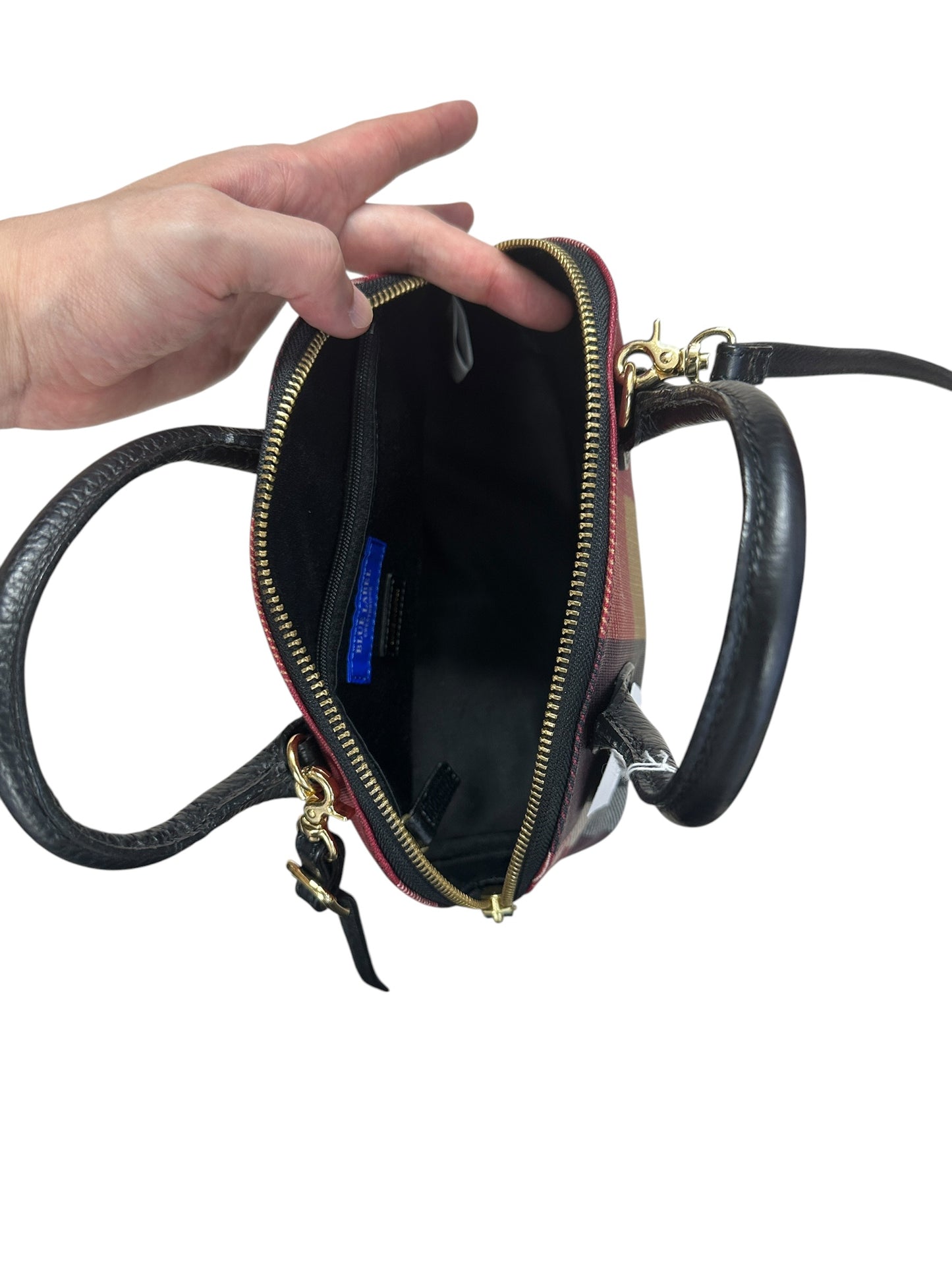 BURBERRY Blue Label Crestbridge Mega Check Canvas 2way Mini Dome Handbag Red Black Gold Hardware BU1227