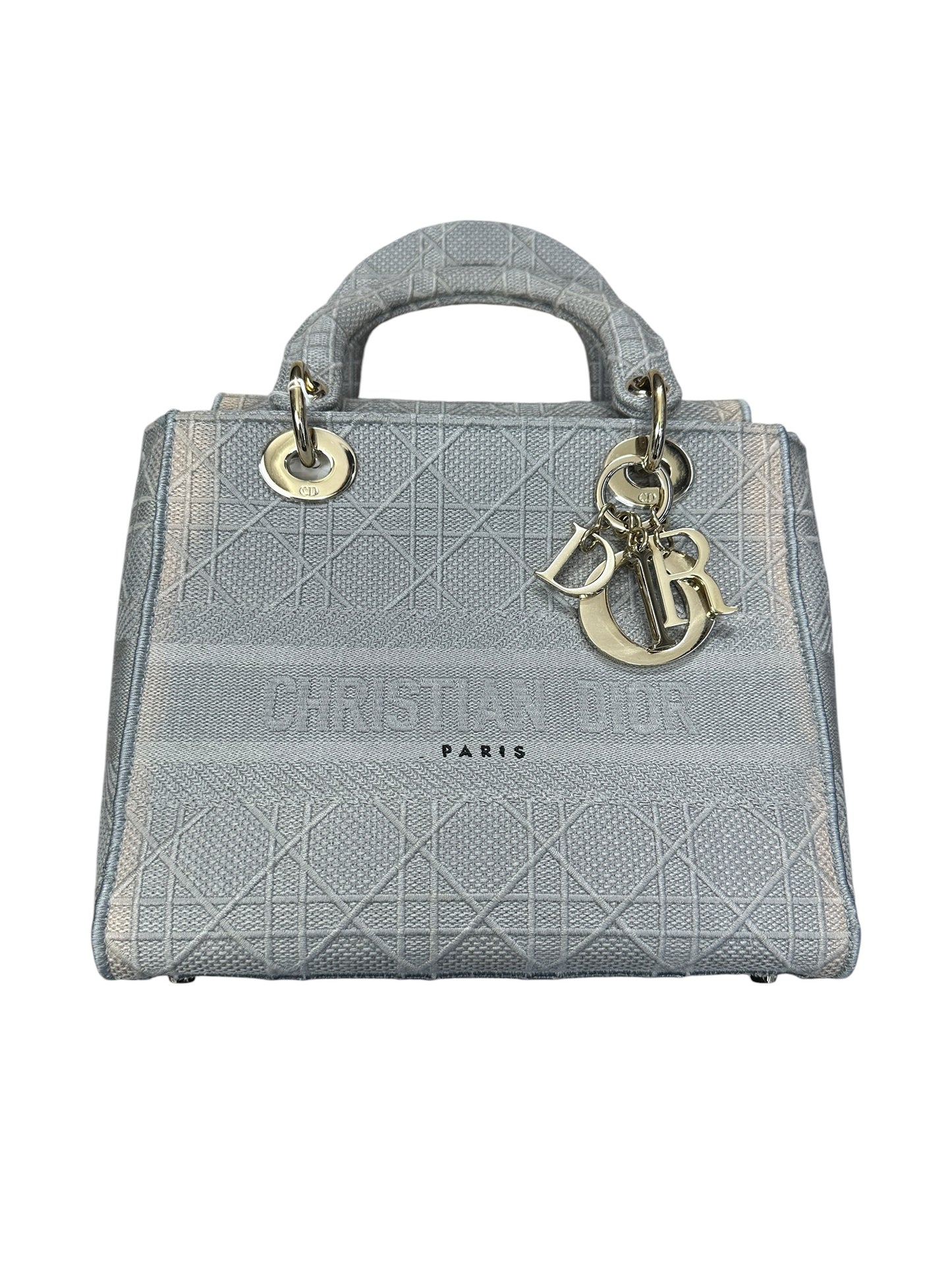 Christian Dior Cannage Embroidered Canvas Lady D-Lite Medium Handbag Gray Gold Hardware Ch2199