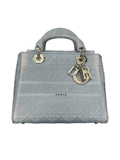Christian Dior Cannage Embroidered Canvas Lady D-Lite Medium Handbag Gray Gold Hardware Ch2199