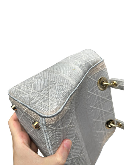 Christian Dior Cannage Embroidered Canvas Lady D-Lite Medium Handbag Gray Gold Hardware Ch2199