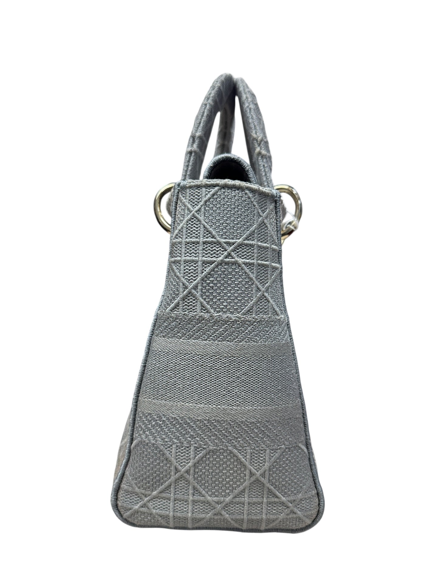 Christian Dior Cannage Embroidered Canvas Lady D-Lite Medium Handbag Gray Gold Hardware Ch2199