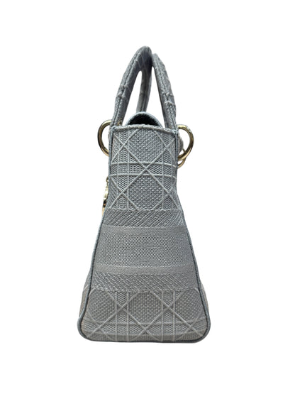 Christian Dior Cannage Embroidered Canvas Lady D-Lite Medium Handbag Gray Gold Hardware Ch2199