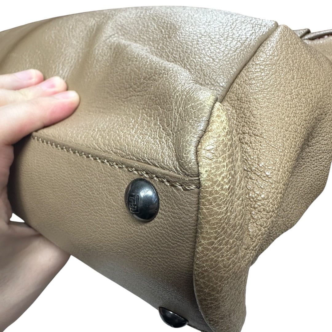 FENDI Calfskin Leather Peekaboo Large Handbag Beige Silver Gold Hardware FE390