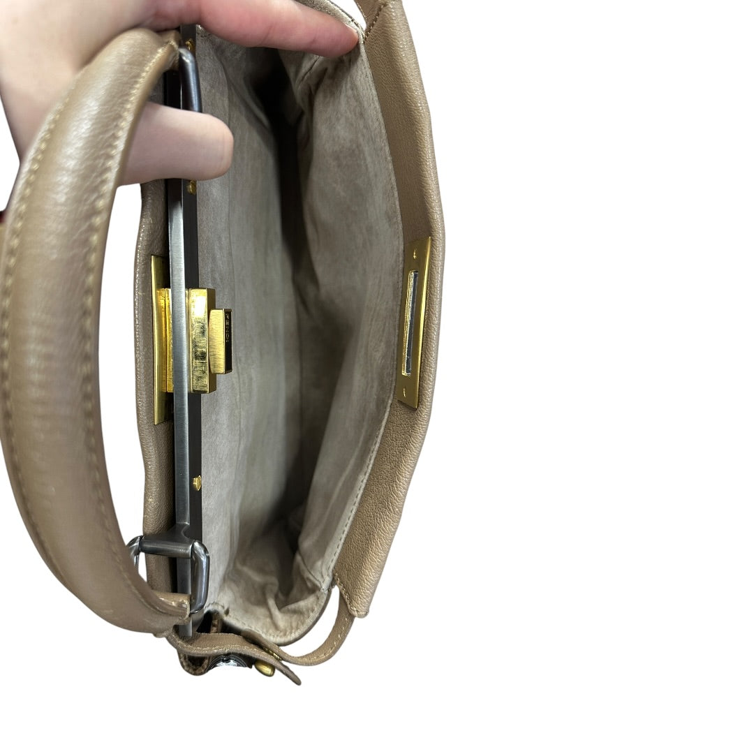 FENDI Calfskin Leather Peekaboo Large Handbag Beige Silver Gold Hardware FE390