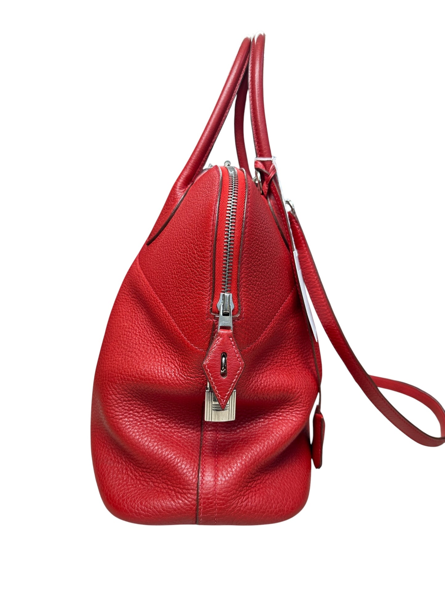 HERMES Clemence Leather Bolide 35 Handbag Red Silver Hardware HE467