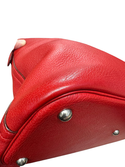 HERMES Clemence Leather Bolide 35 Handbag Red Silver Hardware HE467