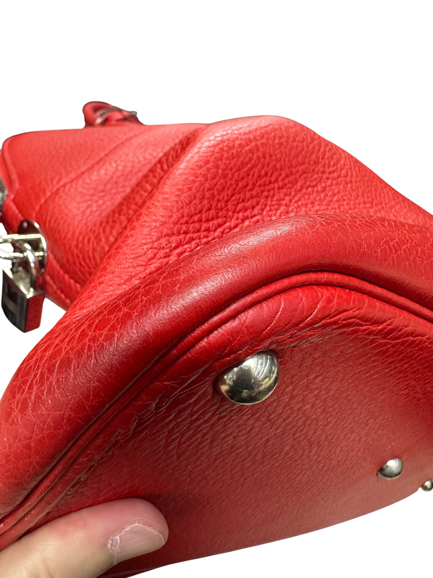 HERMES Clemence Leather Bolide 35 Handbag Red Silver Hardware HE467