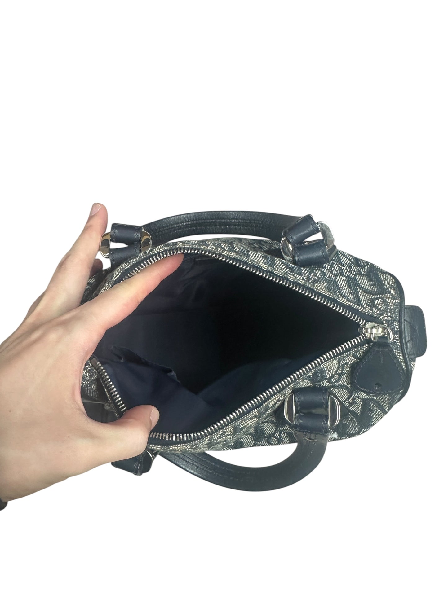 CHRISTIAN DIOR Trotter Jacquard Boston Handbag Navy Silver Hardware CH2206