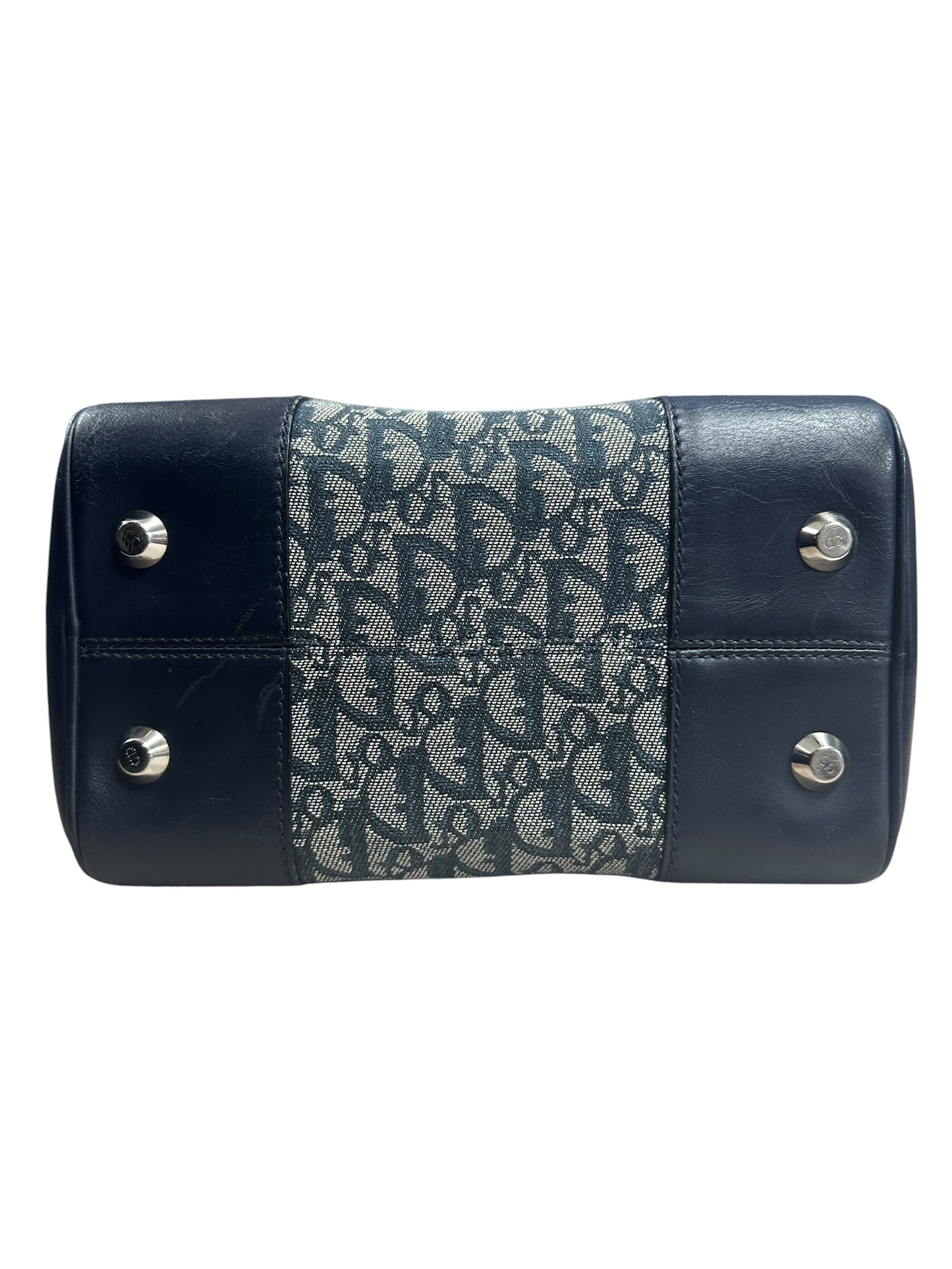 CHRISTIAN DIOR Trotter Jacquard Boston Handbag Navy Silver Hardware CH2206