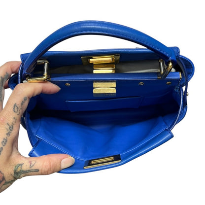FENDI Calfskin Peekaboo Mini Handbag Blue Gold Hardware FE391