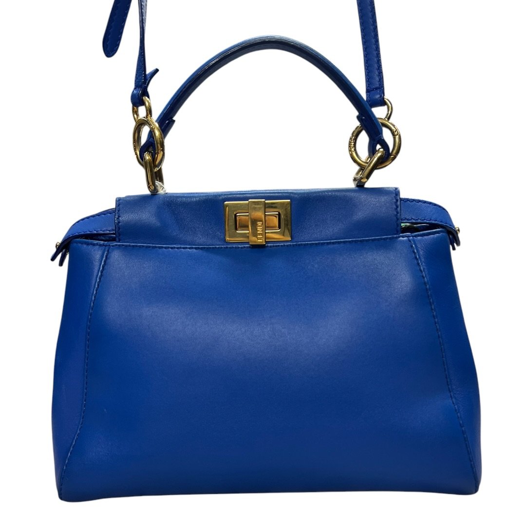 FENDI Calfskin Peekaboo Mini Handbag Blue Gold Hardware FE391