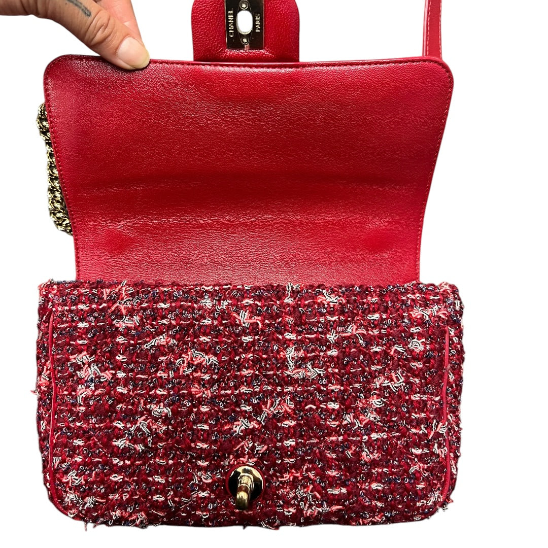 CHANEL Matelasse Leather Tweed 2WAY Chain Shoulder Bag Red Gold Hardware CH2022