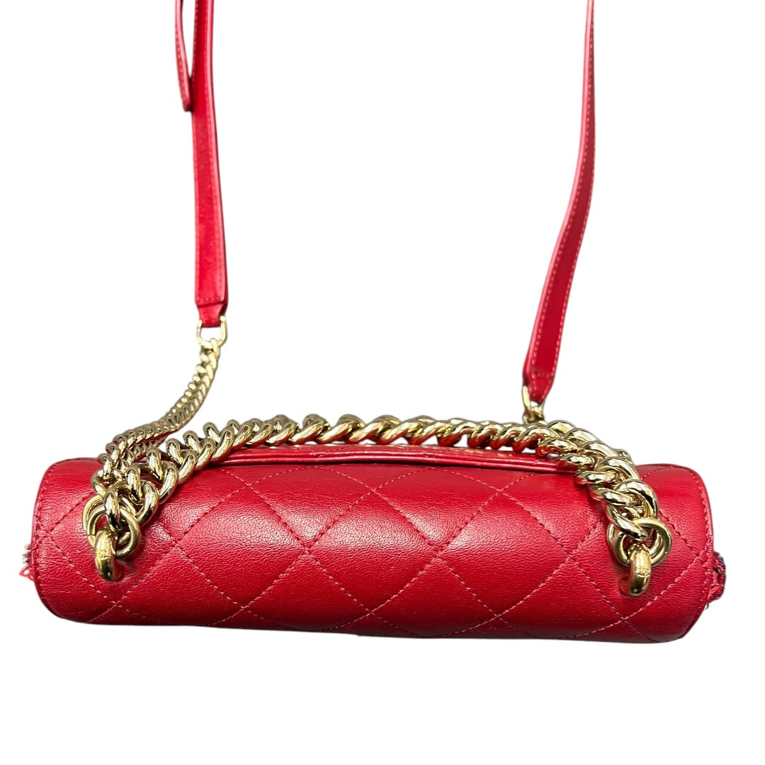 CHANEL Matelasse Leather Tweed 2WAY Chain Shoulder Bag Red Gold Hardware CH2022