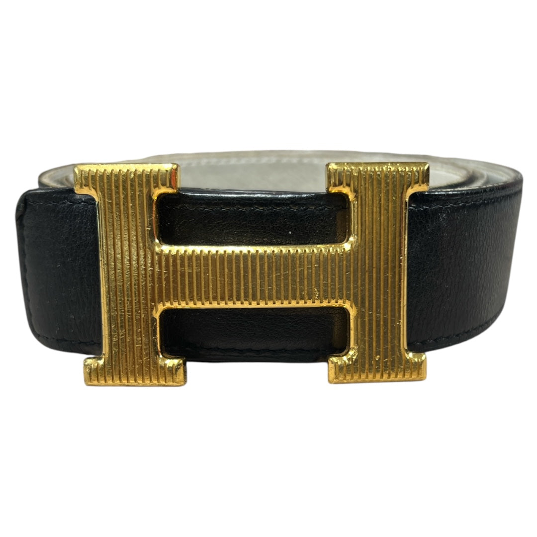 HERMES Constance H Buckle Leather Belt Black Gold HE432