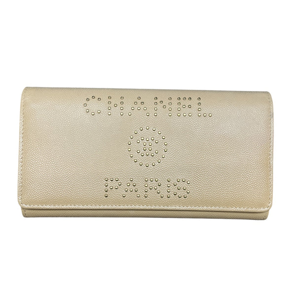 CHANEL Deauville Stud Logo Round Zip Long Wallet Caviar Skin Beige CH2066