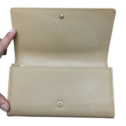 CHANEL Deauville Stud Logo Round Zip Long Wallet Caviar Skin Beige CH2066