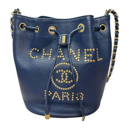 CHANEL Stud Logo Drawstring Bucket Bag Double Chain Blue CH2090