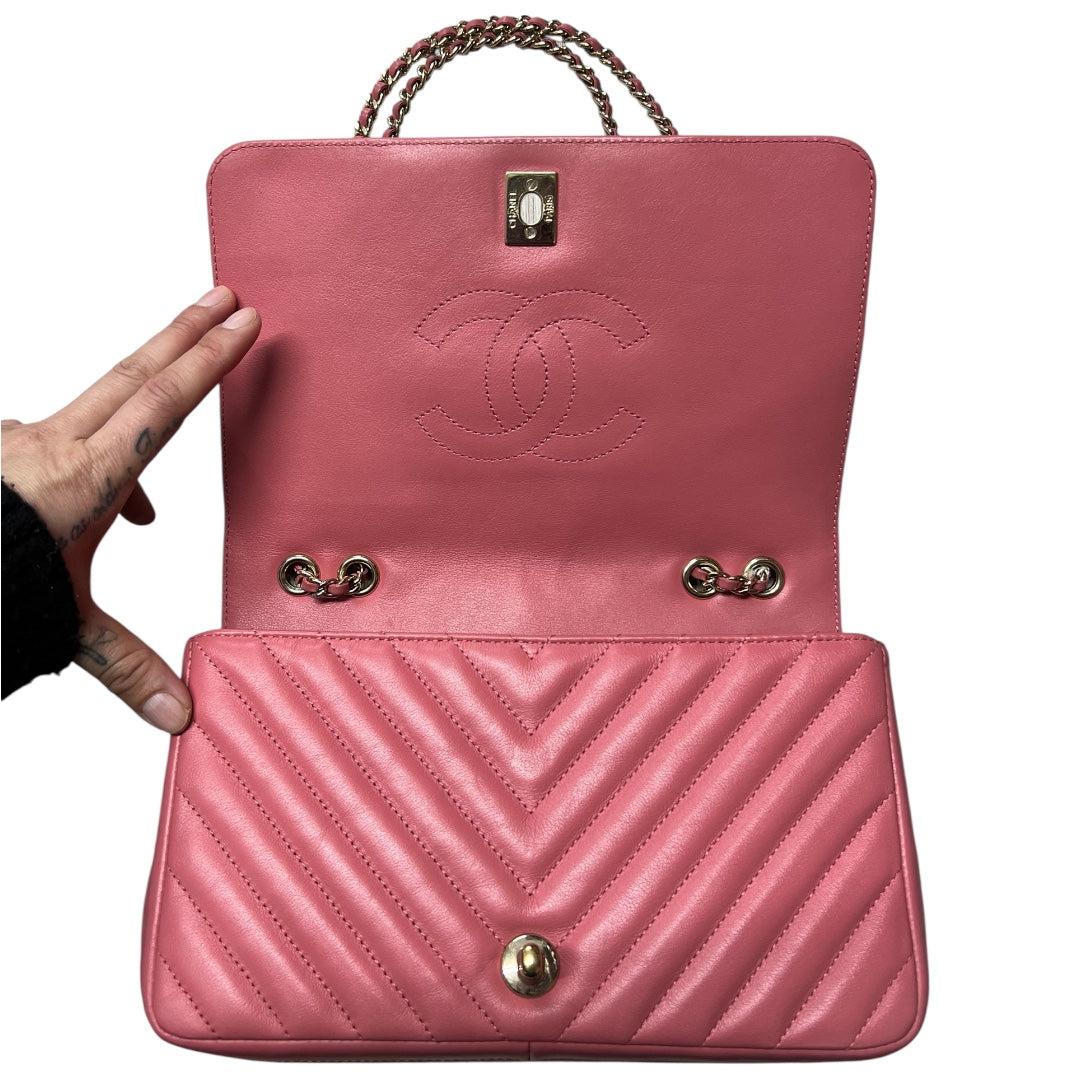 CHANEL Chevron V Stitch Chain Shoulder Bag Pink CH2092