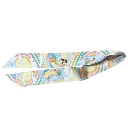 HERMES Twilly Carres Volants Silk Scarf Cream Blue Multicolor HE437