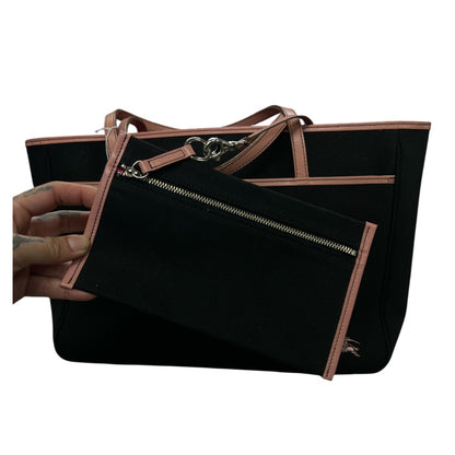 BURBERRY Horse Logo Canvas Tote Bag Black Pink Trim Handbag BU1215