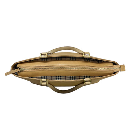 BURBERRY Leather Tote Bag Beige Nova Check Lining Handbag BU1216