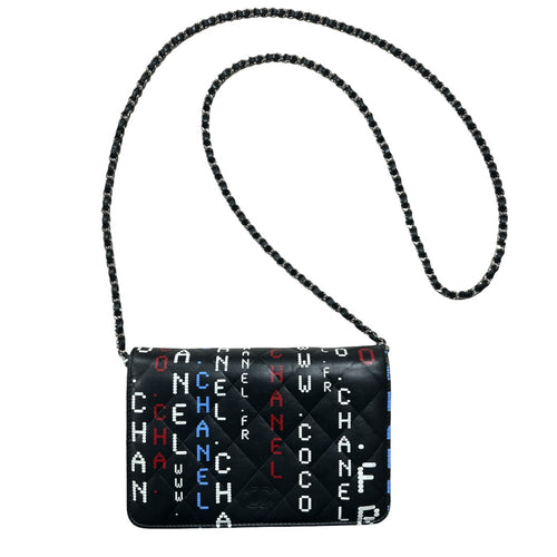CHANEL Typography Print Chain Wallet WOC Quilted Leather Black CH2107