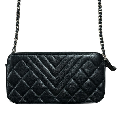 CHANEL Double Zip Chain Wallet Quilted Grained Calfskin Black CH2108