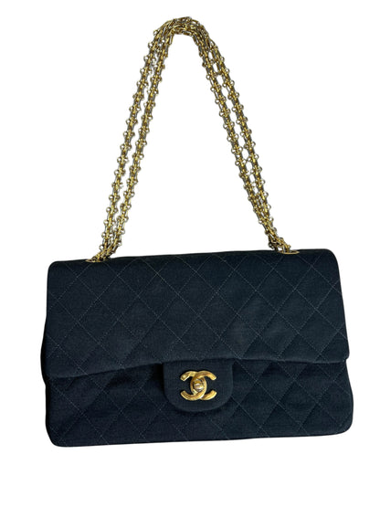 CHANEL Vintage Classic Double Flap Medium Jersey Black Gold Hardware Chain Shoulder Bag 1994-1996 CH2118