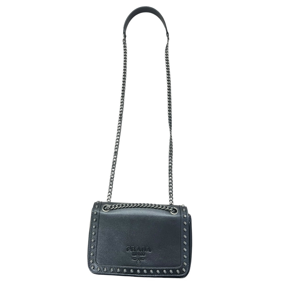 PRADA Studded Leather Flap Chain Shoulder Bag Black PR193