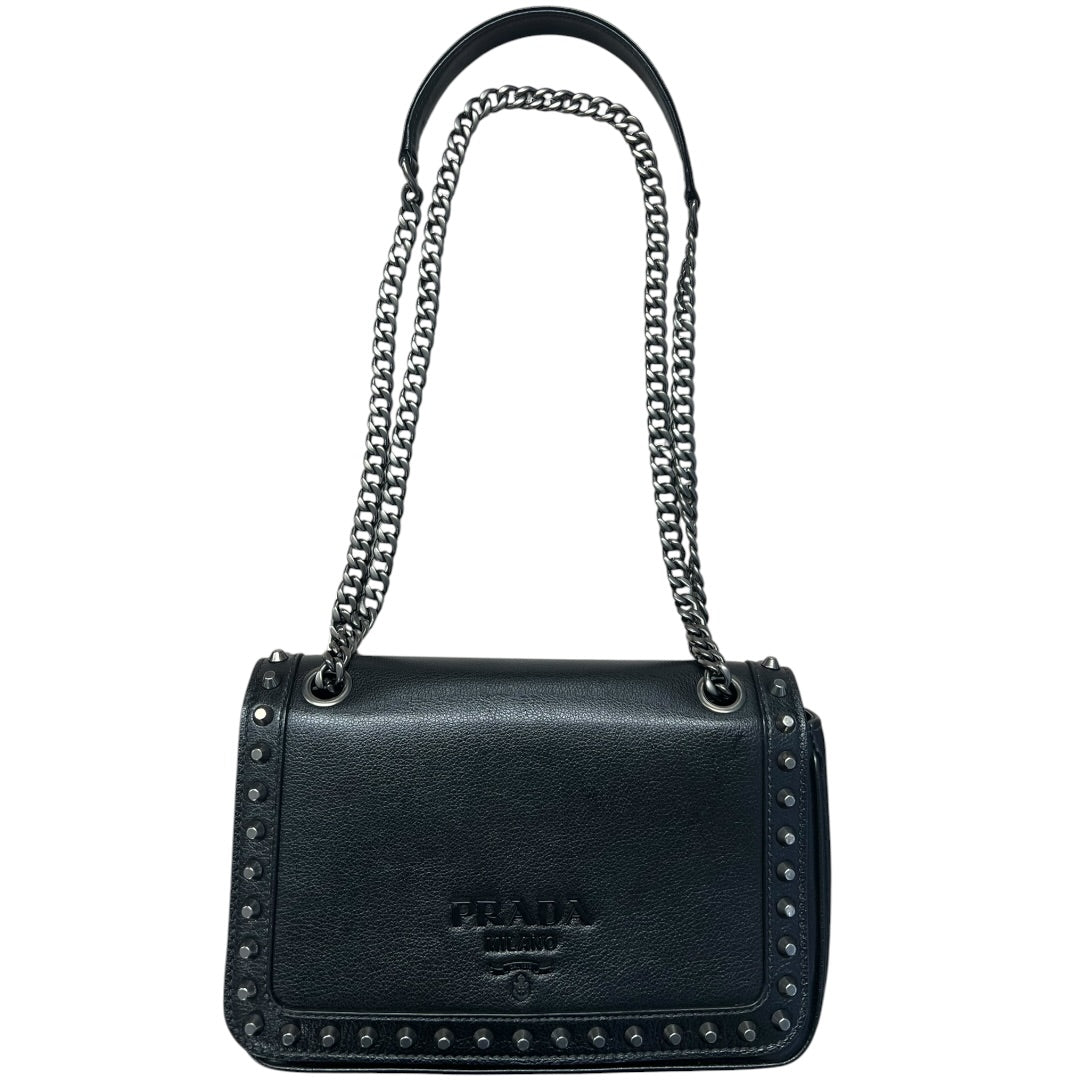 PRADA Studded Leather Flap Chain Shoulder Bag Black PR193